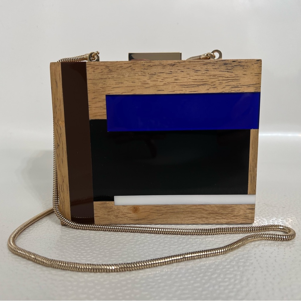 Tory Burch Wooden Clutch with Blue, Black, and White Accents